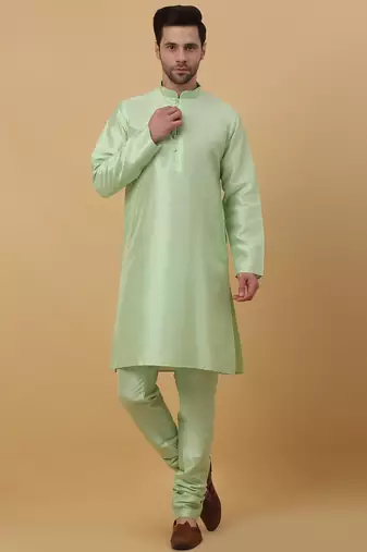 Men's sea green kurta and churidar with jacquard ethnic nehru jacket