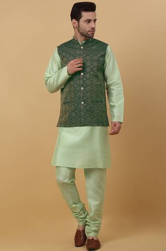 Men's sea green kurta and churidar with jacquard ethnic motifs printed nehru jacket