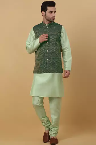 Men's sea green kurta and churidar with jacquard ethnic motifs printed nehru jacket