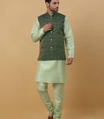 Men's sea green kurta and churidar with jacquard ethnic motifs printed nehru jacket