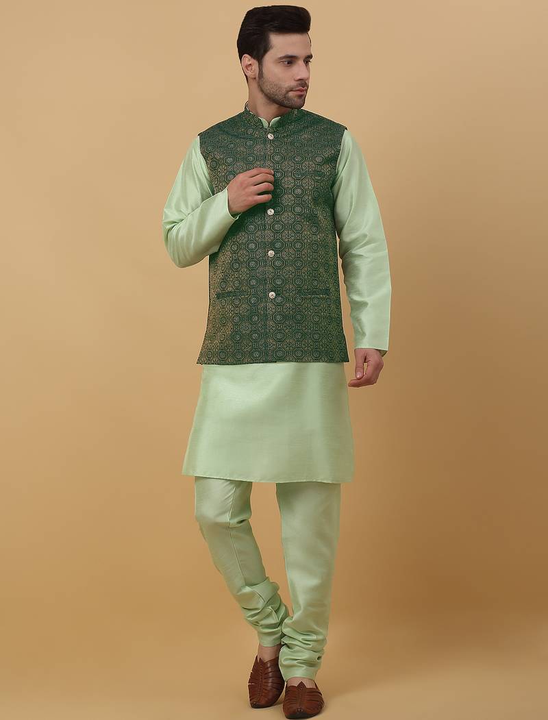 Men's sea green kurta and churidar with jacquard ethnic motifs printed nehru jacket