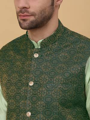 Men's sea green kurta and churidar with jacquard ethnic motifs printed nehru jacket 2