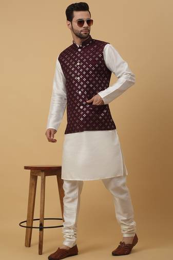 Men's cream kurta and churidar with sequenced cotton silk nehru jacket