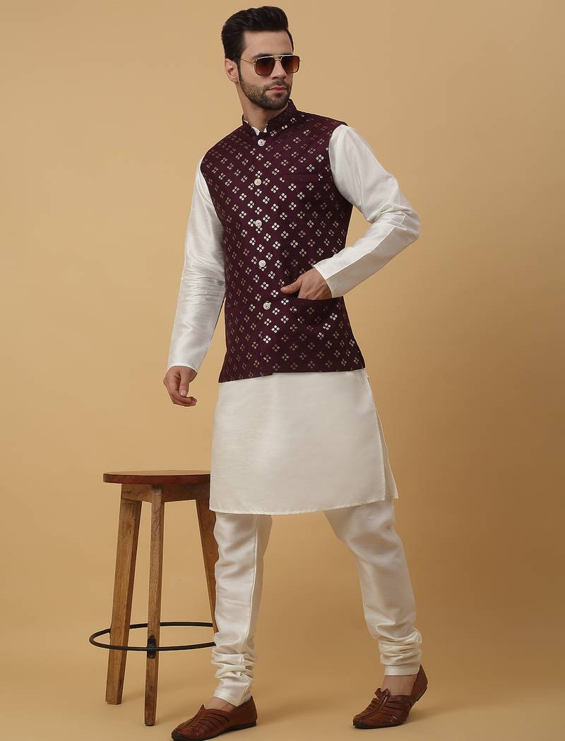 Men's cream kurta and churidar with sequenced cotton silk nehru jacket