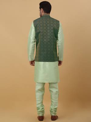 Men's sea green kurta and churidar with jacquard ethnic motifs printed nehru jacket 3