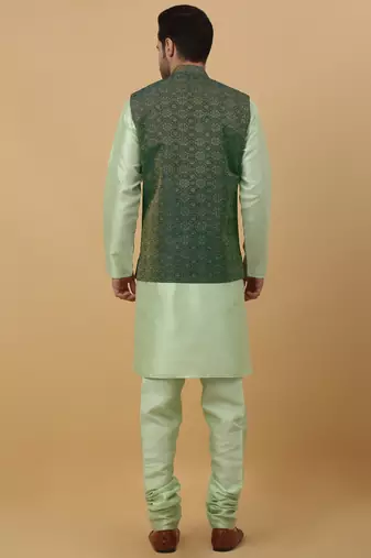 Men's sea green kurta and churidar with jacquard ethnic motifs printed nehru jacket