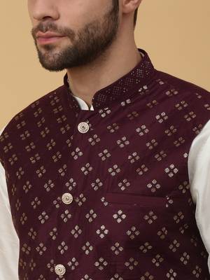 Men's cream kurta and churidar with sequenced cotton silk nehru jacket 2