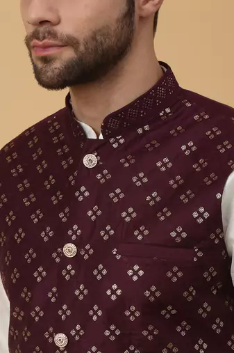 Men's cream kurta and churidar with sequenced cotton silk nehru jacket
