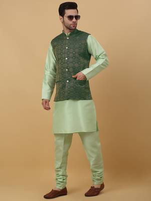 Men's sea green kurta and churidar with jacquard ethnic motifs printed nehru jacket 4