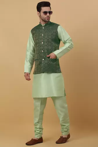 Men's sea green kurta and churidar with jacquard ethnic motifs printed nehru jacket