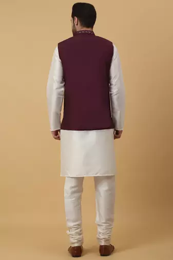 Men's cream kurta and churidar with sequenced cotton silk nehru jacket