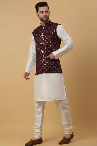Men's cream kurta and churidar with sequenced cotton silk nehru jacket