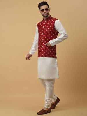Men's cream kurta and churidar with jacquard ethnic nehru jacket 1