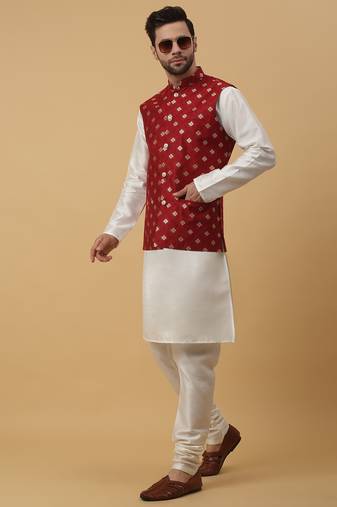 Men's cream kurta and churidar with jacquard ethnic nehru jacket