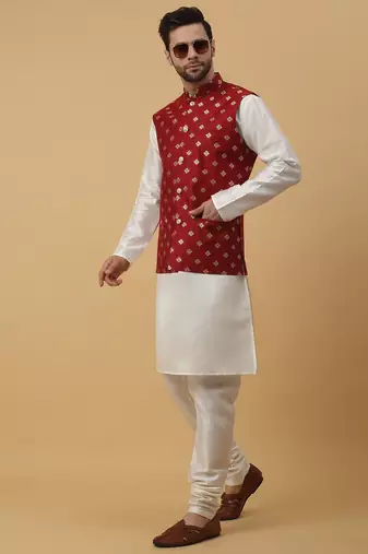 Men's cream kurta and churidar with jacquard ethnic nehru jacket