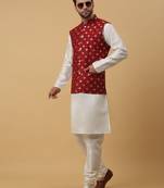 Men's cream kurta and churidar with jacquard ethnic nehru jacket