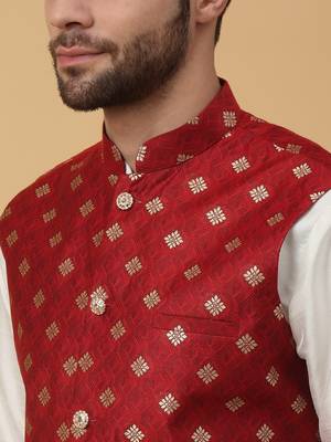 Men's cream kurta and churidar with jacquard ethnic nehru jacket 2