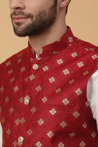 Men's cream kurta and churidar with jacquard ethnic nehru jacket