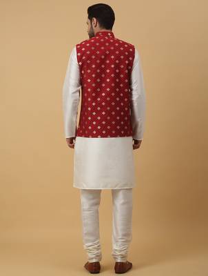 Men's cream kurta and churidar with jacquard ethnic nehru jacket 3