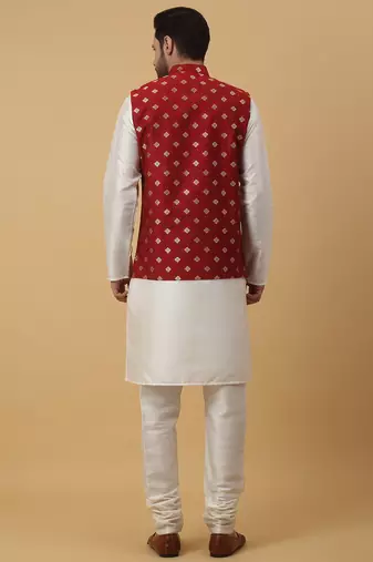 Men's cream kurta and churidar with jacquard ethnic nehru jacket
