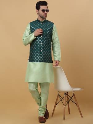 Men's sea green kurta and churidar with sequenced cotton silk nehru jacket 1