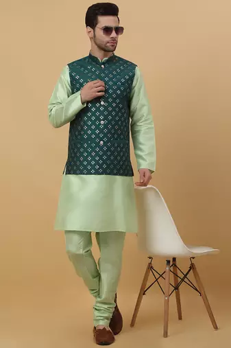 Men's sea green kurta and churidar with sequenced cotton silk nehru jacket