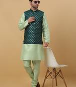 Men's sea green kurta and churidar with sequenced cotton silk nehru jacket