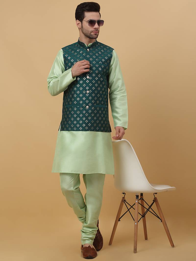 Men's sea green kurta and churidar with sequenced cotton silk nehru jacket