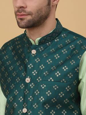 Men's sea green kurta and churidar with sequenced cotton silk nehru jacket 2