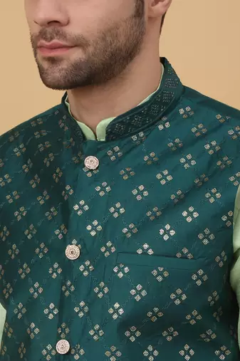 Men's sea green kurta and churidar with sequenced cotton silk nehru jacket