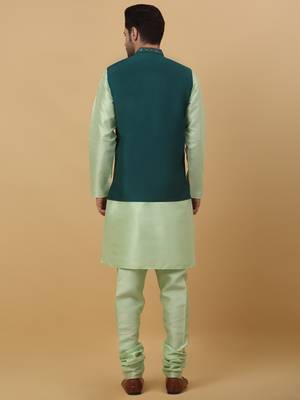 Men's sea green kurta and churidar with sequenced cotton silk nehru jacket 3