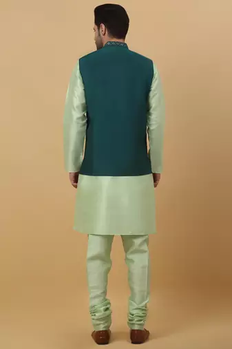 Men's sea green kurta and churidar with sequenced cotton silk nehru jacket
