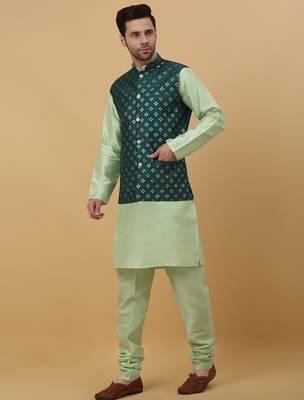 Men's sea green kurta and churidar with sequenced cotton silk nehru jacket 4