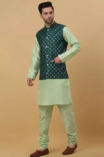 Men's sea green kurta and churidar with sequenced cotton silk nehru jacket