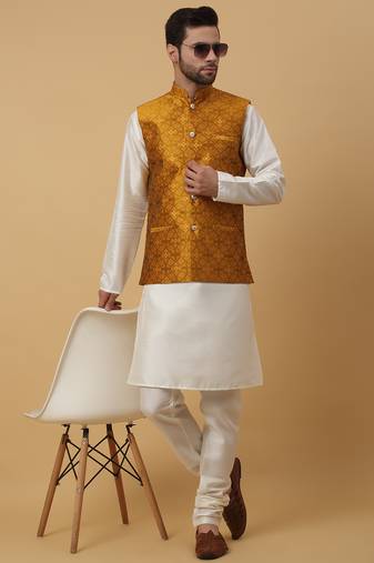 Men's cream kurta and churidar with jacquard floral nehru jacket