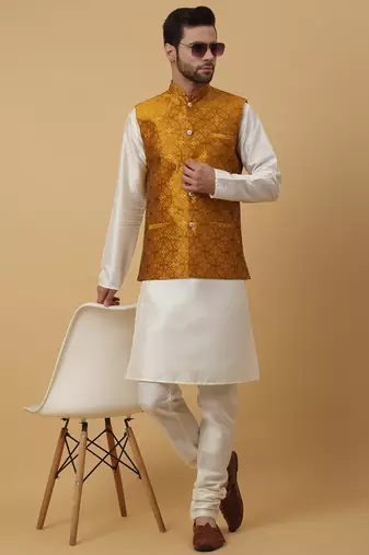 Men's cream kurta and churidar with jacquard floral nehru jacket