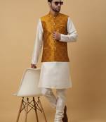 Men's cream kurta and churidar with jacquard floral nehru jacket