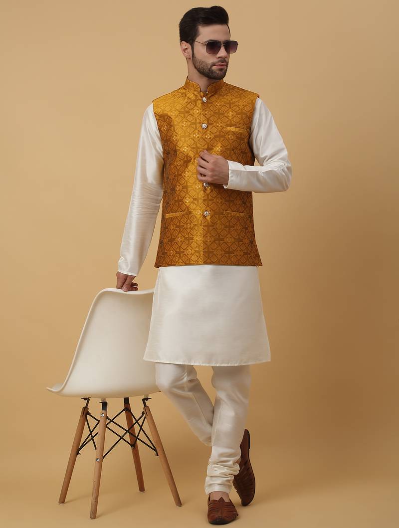 Men's cream kurta and churidar with jacquard floral nehru jacket