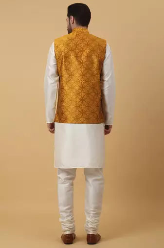 Men's cream kurta and churidar with jacquard floral nehru jacket