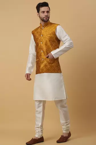 Men's cream kurta and churidar with jacquard floral nehru jacket