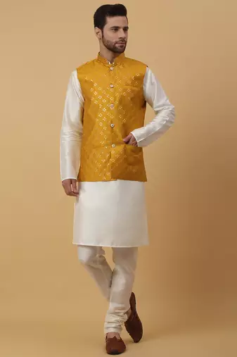 Men's cream kurta and churidar with sequenced cotton silk nehru jacket