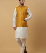 Men's cream kurta and churidar with sequenced cotton silk nehru jacket
