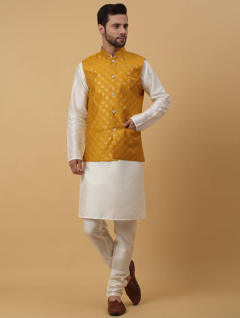 Men's cream kurta and churidar with sequenced cotton silk nehru jacket