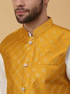 Men's cream kurta and churidar with sequenced cotton silk nehru jacket 2