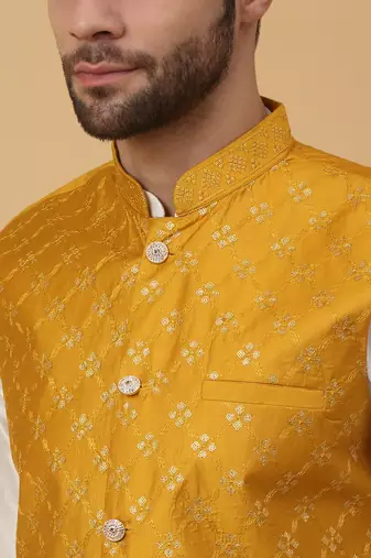 Men's cream kurta and churidar with sequenced cotton silk nehru jacket