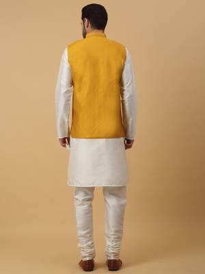 Men's cream kurta and churidar with sequenced cotton silk nehru jacket 3
