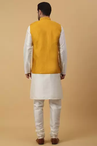 Men's cream kurta and churidar with sequenced cotton silk nehru jacket