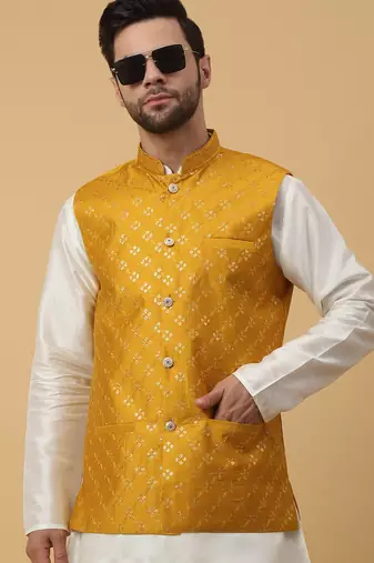 Men's cream kurta and churidar with sequenced cotton silk nehru jacket