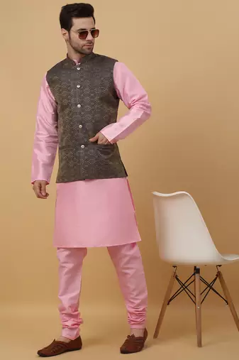 Men's pink kurta and churidar with jacquard ethnic motifs printed nehru jacket