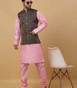 Men's pink kurta and churidar with jacquard ethnic motifs printed nehru jacket